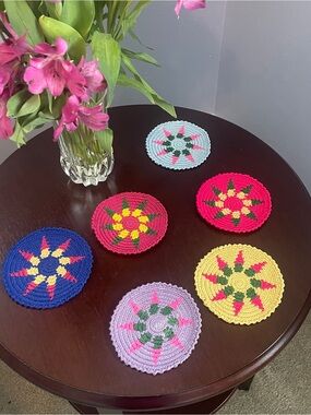 Colorful Set of 6 Egyptian Cotton Handmade Crochet Round Coasters